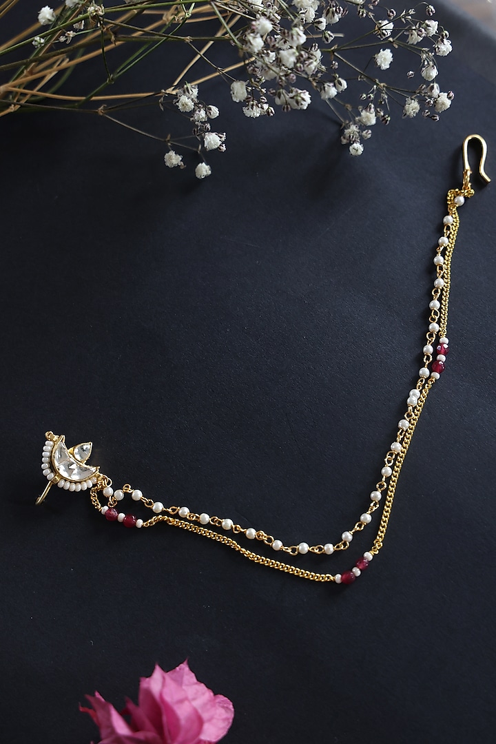 Gold Finish Kundan & Shell Pearl Nose Pin by Paisley Pop at Pernia's Pop Up Shop