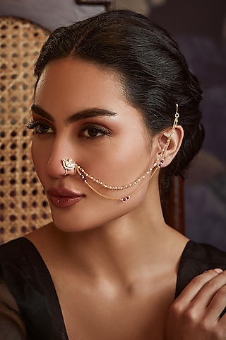Gold Finish Kundan & Shell Pearl Nose Pin by Paisley Pop