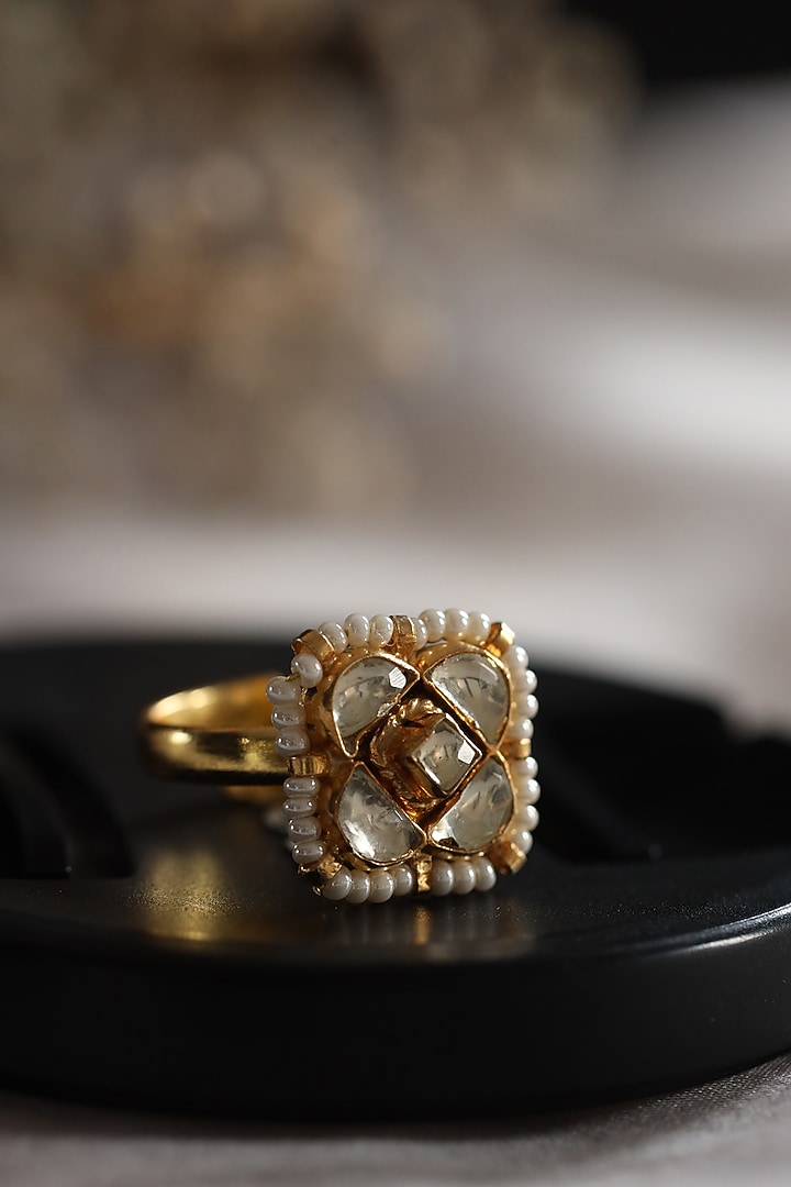 Gold Finish Kundan & Shell Pearl Ring by Paisley Pop at Pernia's Pop Up Shop