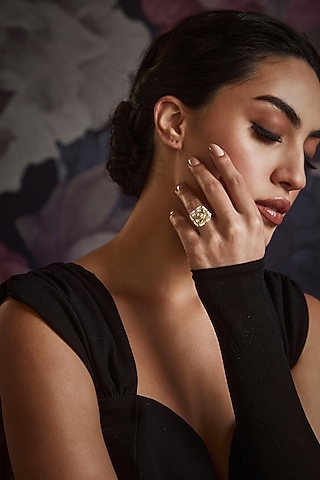 Gold Finish Kundan & Shell Pearl Ring by Paisley Pop