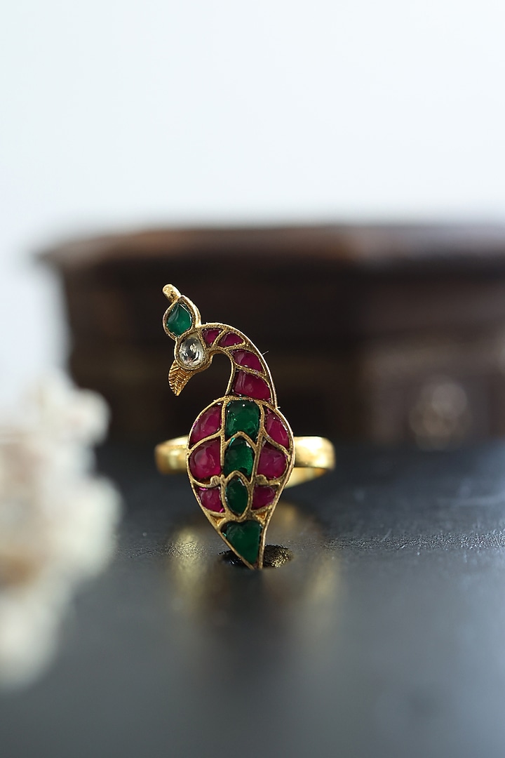 Gold Finish Pink Kundan & Emerald Peacock Ring by Paisley Pop at Pernia's Pop Up Shop