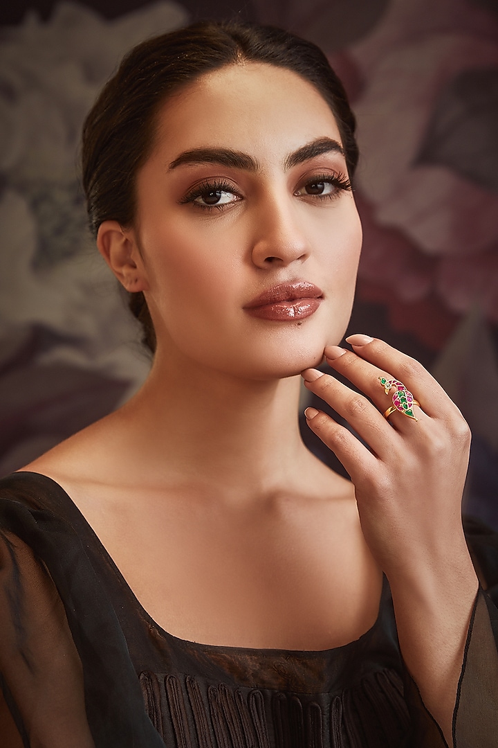 Gold Finish Pink Kundan & Emerald Peacock Ring by Paisley Pop at Pernia's Pop Up Shop