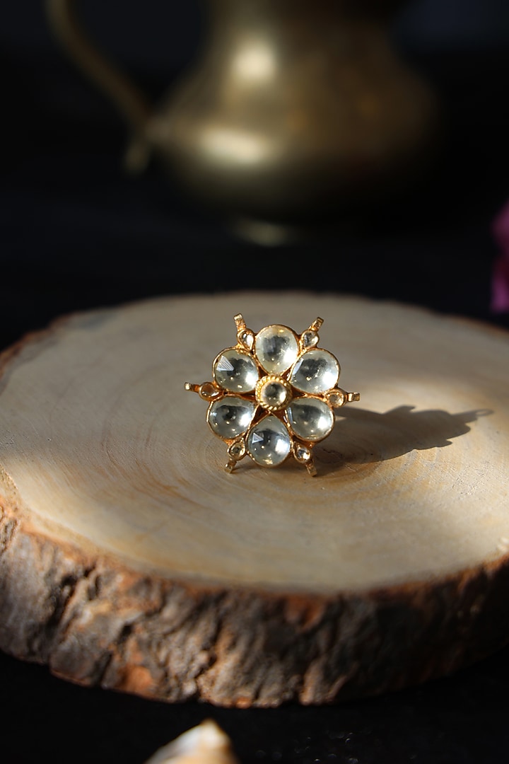 Gold Finish Kundan & Motif Floral Ring by Paisley Pop at Pernia's Pop Up Shop