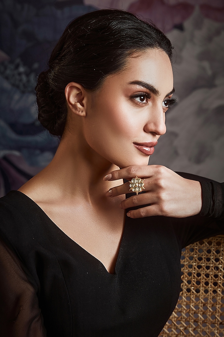 Gold Finish Kundan & Motif Floral Ring by Paisley Pop at Pernia's Pop Up Shop