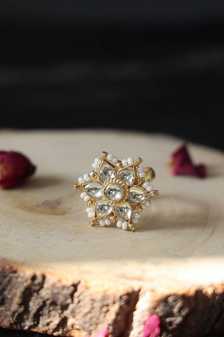 Gold Finish Kundan & Shell Pearl Floral Ring by Paisley Pop at Pernia's Pop Up Shop