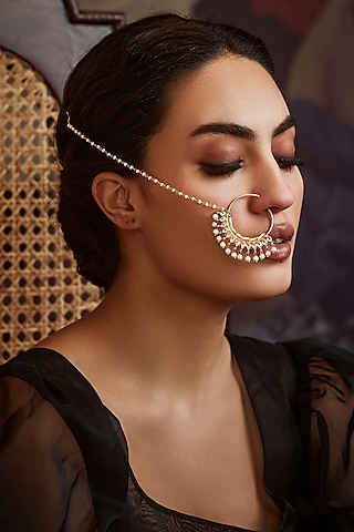 Gold Finish Kundan & Pearl Nose Pin by Paisley Pop