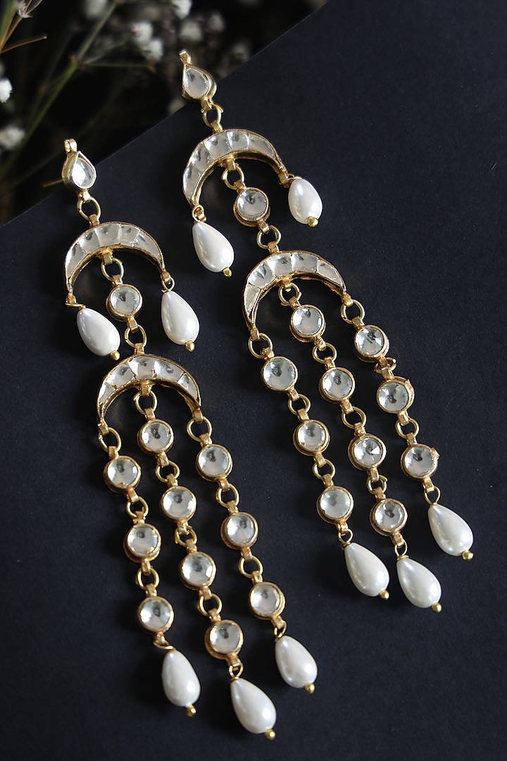 Gold Finish Kundan & Shell Pearl Dangler Earrings by Paisley Pop at Pernia's Pop Up Shop