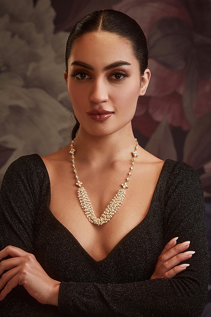 Gold Finish Polki & Shell Pearl Necklace by Paisley Pop at Pernia's Pop Up Shop