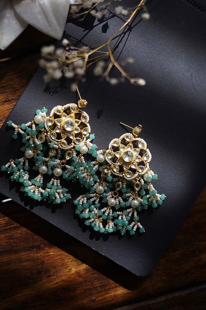 Gold Finish Kundan & Shell Pearl Earrings by Paisley Pop at Pernia's Pop Up Shop