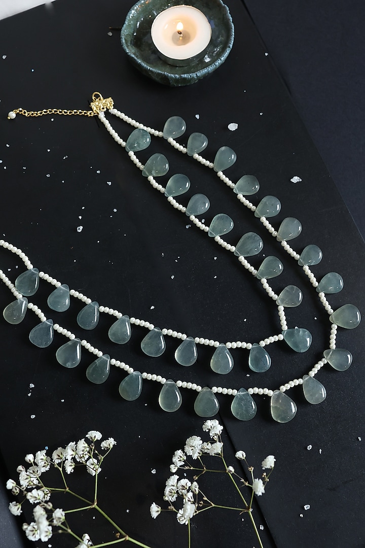 Gold Finish Mint Fluorite Stone & Shell Pearl Layered Necklace by Paisley Pop at Pernia's Pop Up Shop