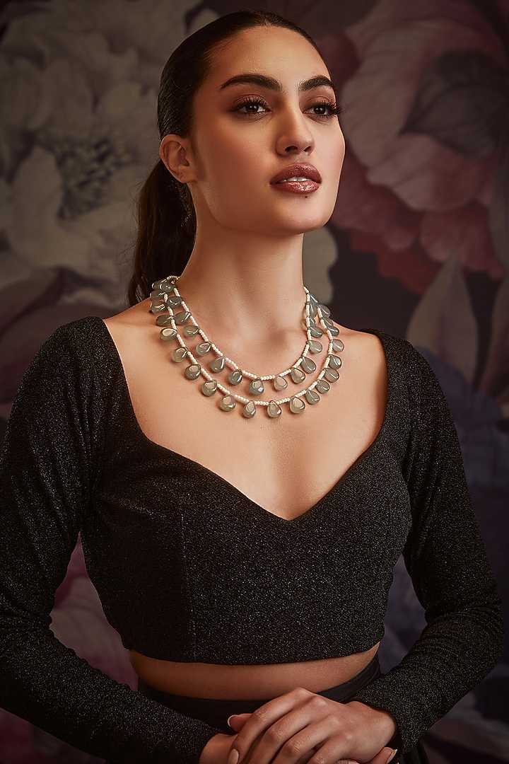 Gold Finish Mint Fluorite Stone & Shell Pearl Layered Necklace by Paisley Pop at Pernia's Pop Up Shop