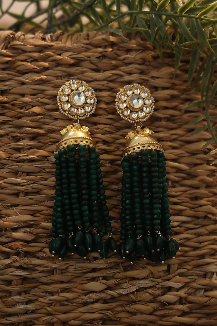 Gold Finish Kundan & Beaded Jhumka Earrings by Paisley Pop at Pernia's Pop Up Shop