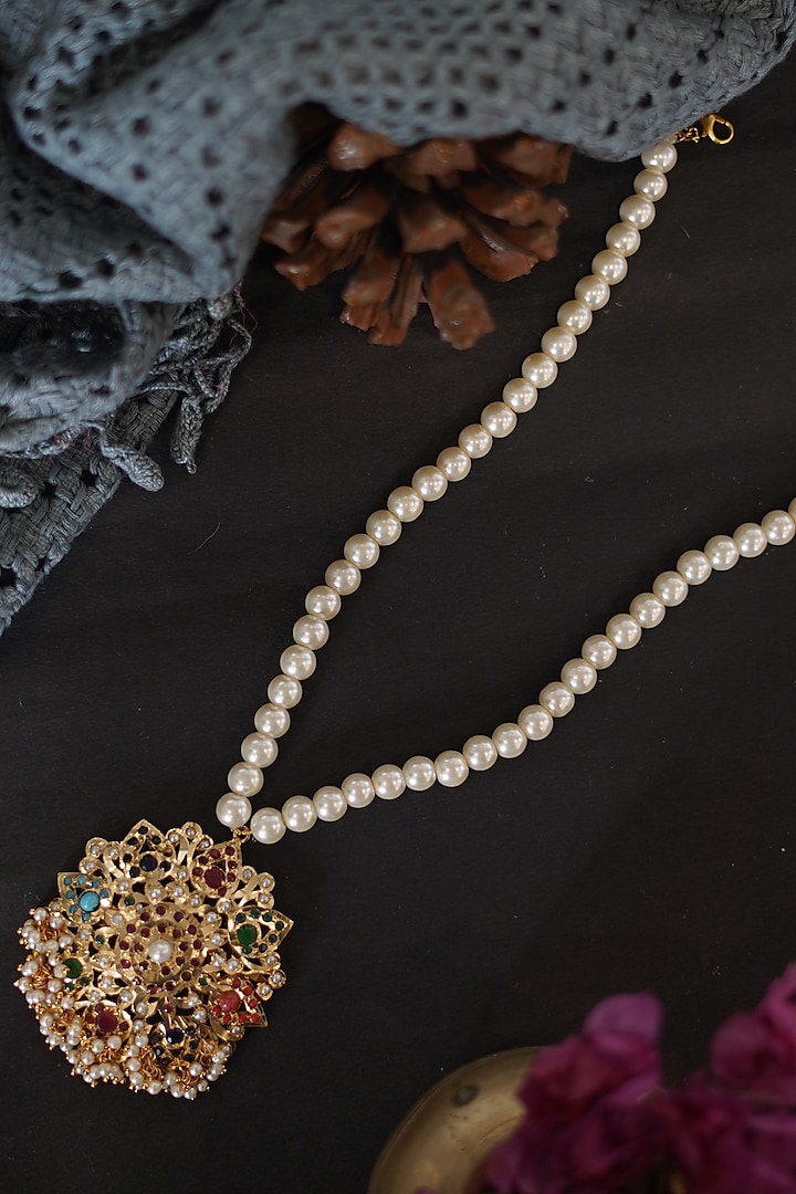 Gold Finish Kundan & Multi-Colored Semi-Precious Stone Pendant Necklace by Paisley Pop