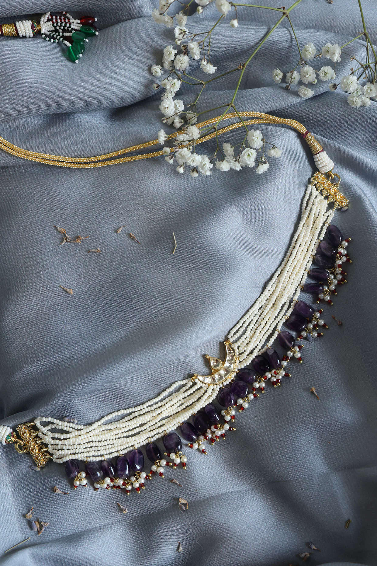 Gold Finish Kundan & Shell Pearl Choker Necklace by Paisley Pop