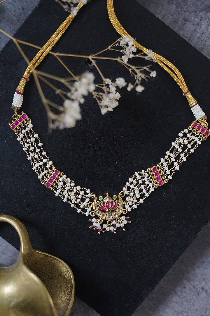 Gold Finish Kundan & Pearl Choker Necklace by Paisley Pop