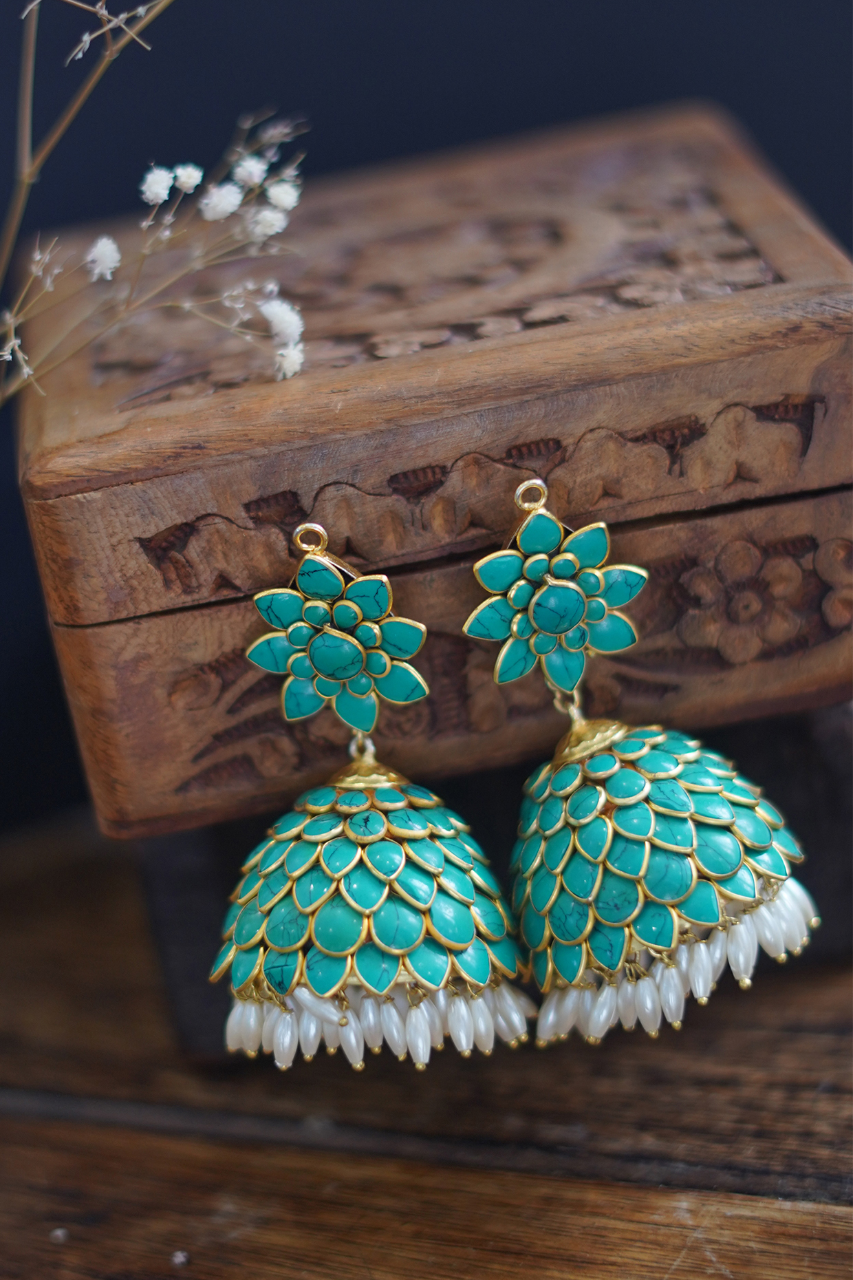 Gold Finish Turquoise Stone & Shell Pearl Floral Jhumka Earrings by Paisley Pop