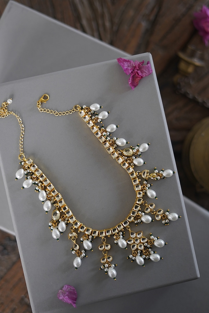 Gold Finish Polki & Shell Pearl Choker Necklace by Paisley Pop