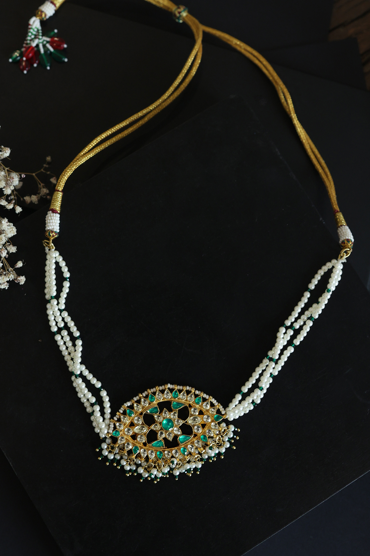 Gold Finish Kundan & Emerald Choker Necklace by Paisley Pop