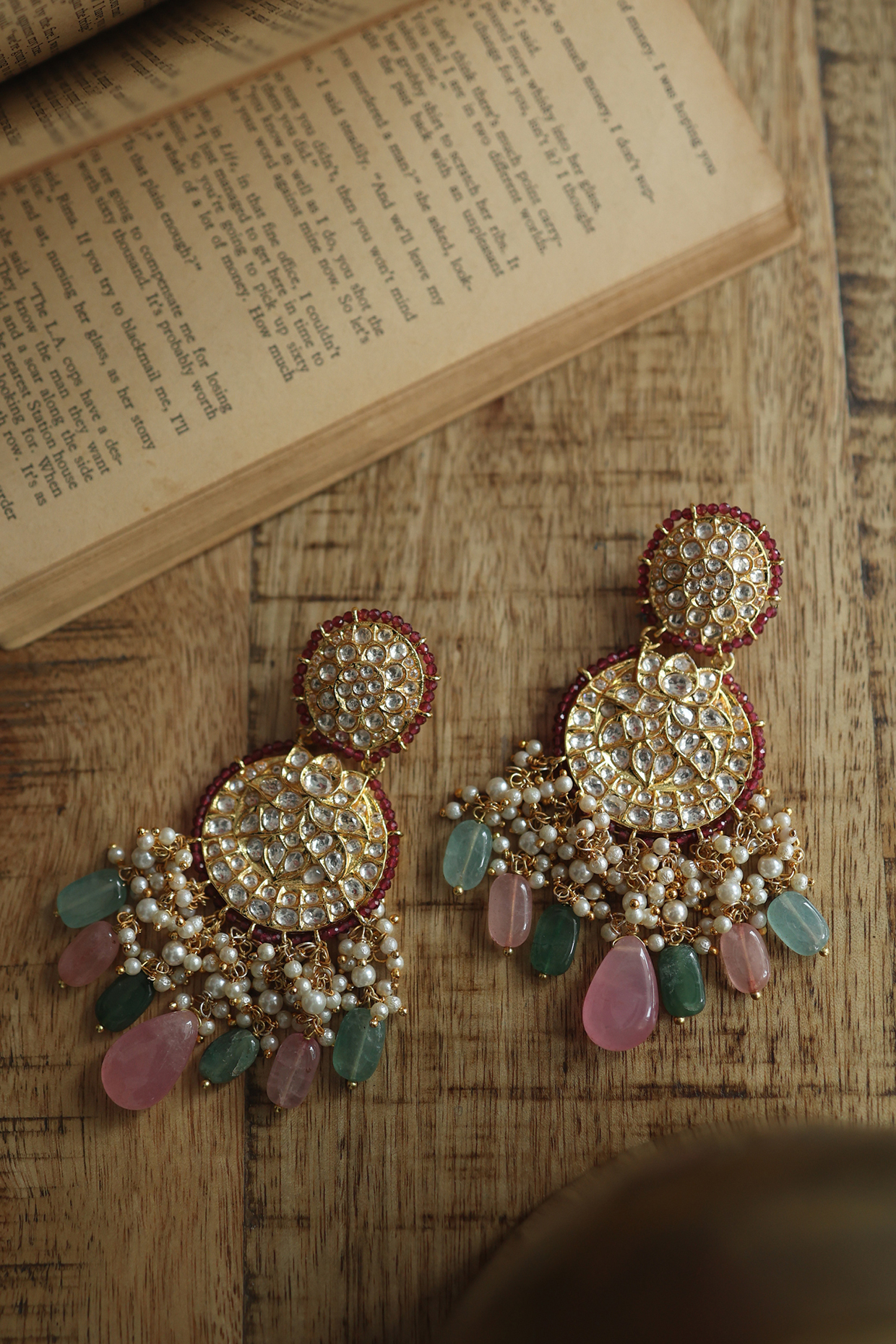Gold Finish Kundan & Shell Pearl Chandbali Earrings by Paisley Pop