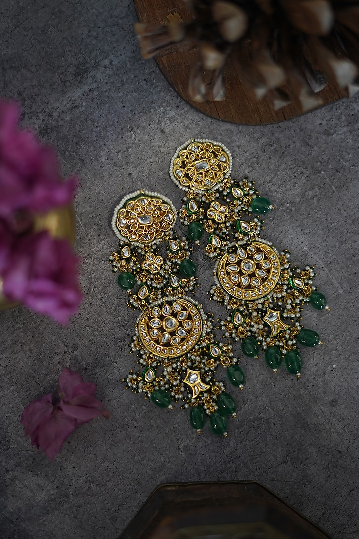 Gold Finish Kundan & Green Jade Stone Chandbali Earrings by Paisley Pop