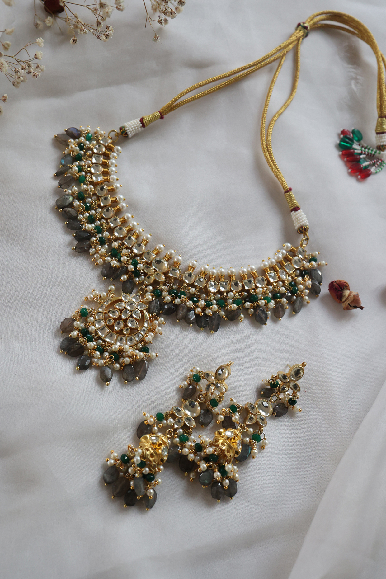 Gold Finish Polki & Green Onyx Stone Necklace Set by Paisley Pop