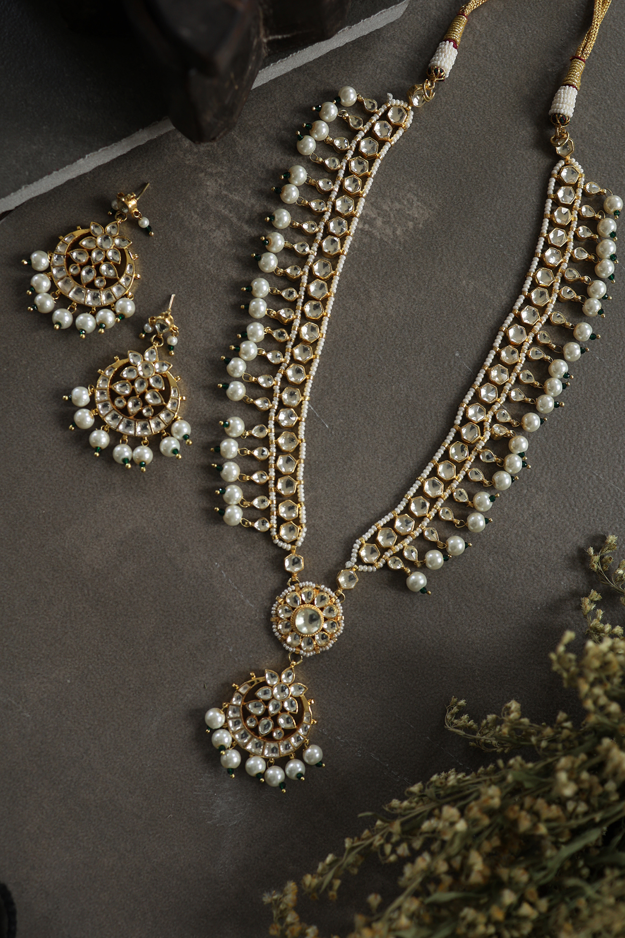 Gold Finish Polki & Shell Pearls Pendant Necklace Set by Paisley Pop