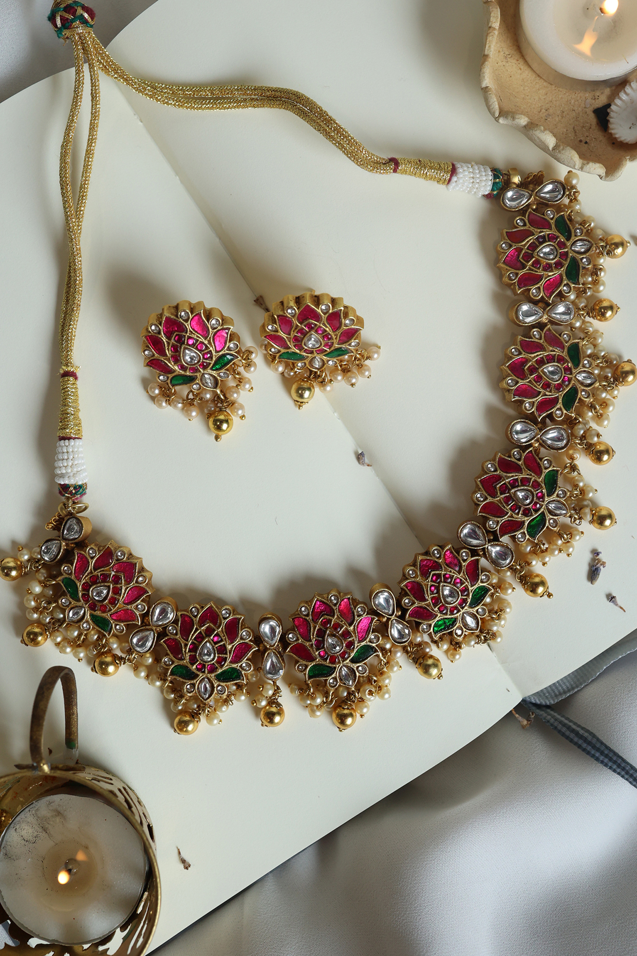 Gold Finish Kundan & Ruby Handcrafted Necklace Set by Paisley Pop