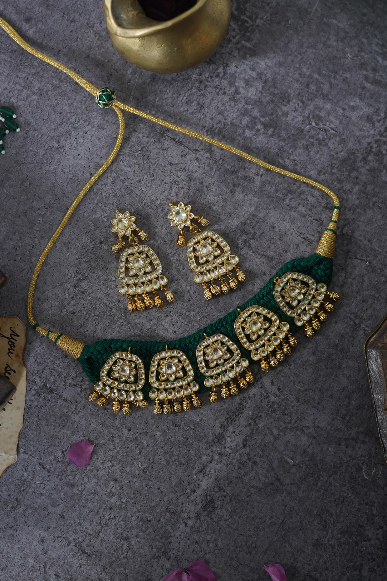 Gold Finish Kundan & Shell Pearl Choker Necklace Set by Paisley Pop