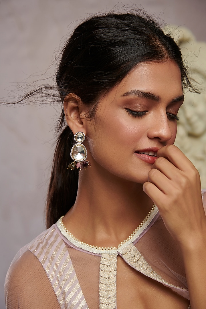 Rhodium Finish Kundan Polki & Multi-Colored Natural Stone Dangler Earrings by Paisley Pop at Pernia's Pop Up Shop