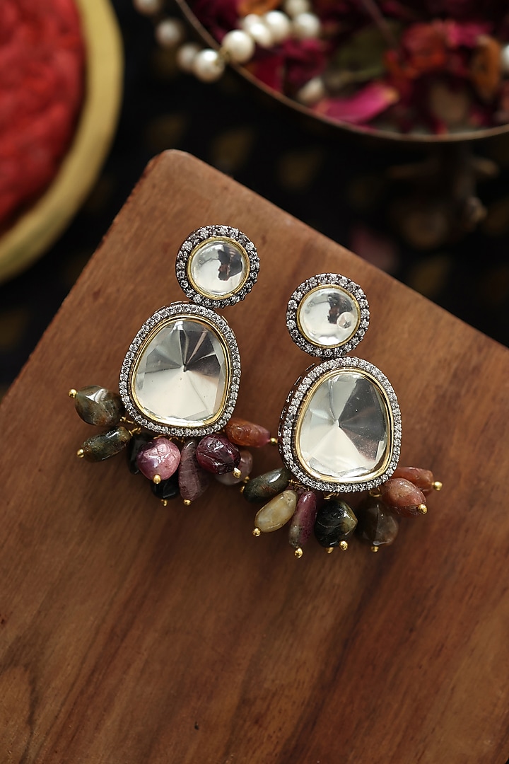 Rhodium Finish Kundan Polki & Multi-Colored Natural Stone Dangler Earrings by Paisley Pop at Pernia's Pop Up Shop