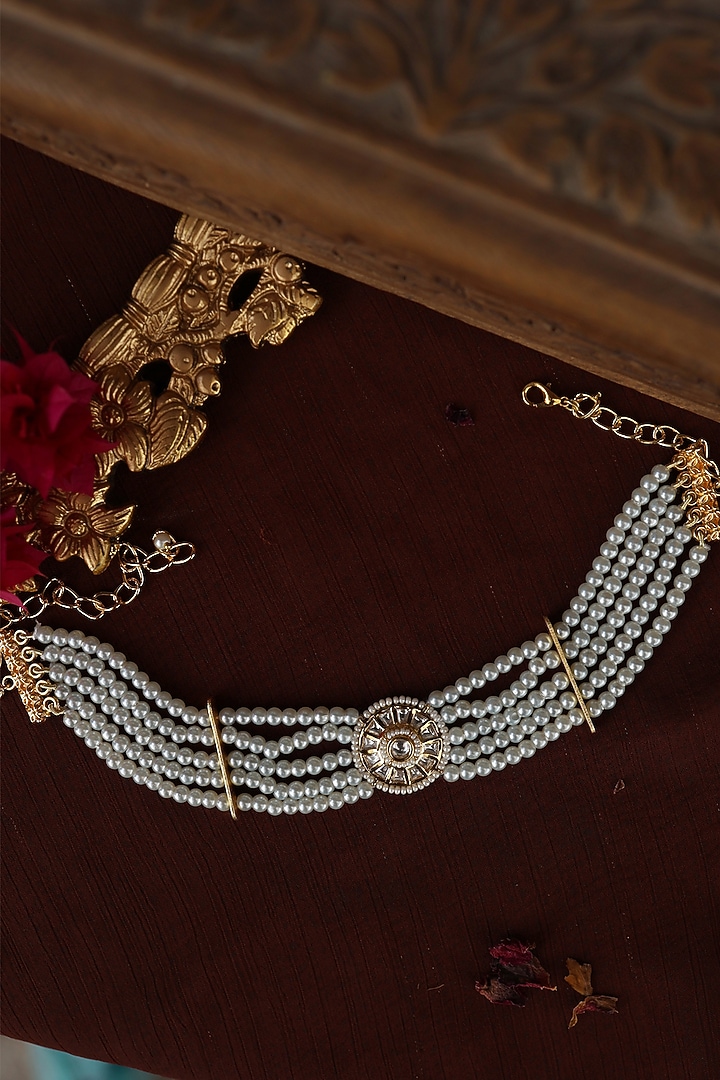 Gold Plated Kundan Polki & Pearl Choker Necklace by Paisley Pop at Pernia's Pop Up Shop