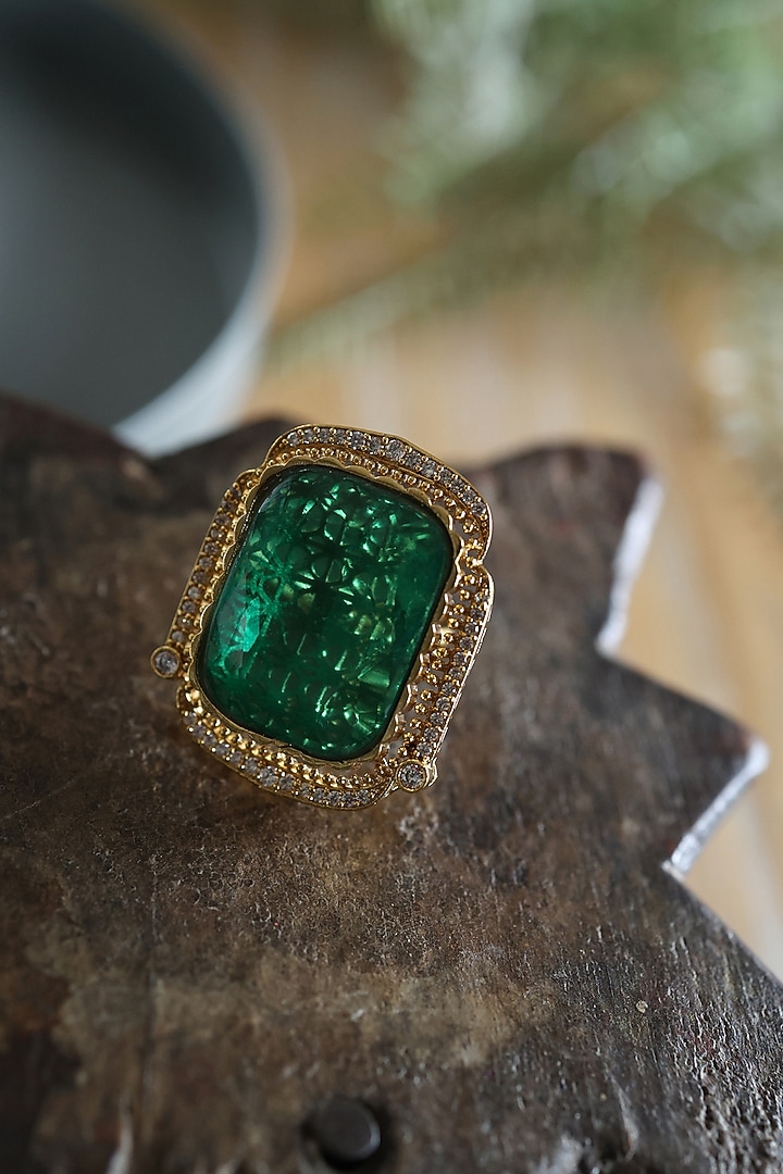 Gold Plated Green Swarovski Stone & Cubic Zirconia Ring by Paisley Pop at Pernia's Pop Up Shop