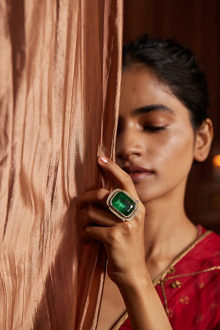 Gold Plated Green Swarovski Stone & Cubic Zirconia Ring by Paisley Pop at Pernia's Pop Up Shop