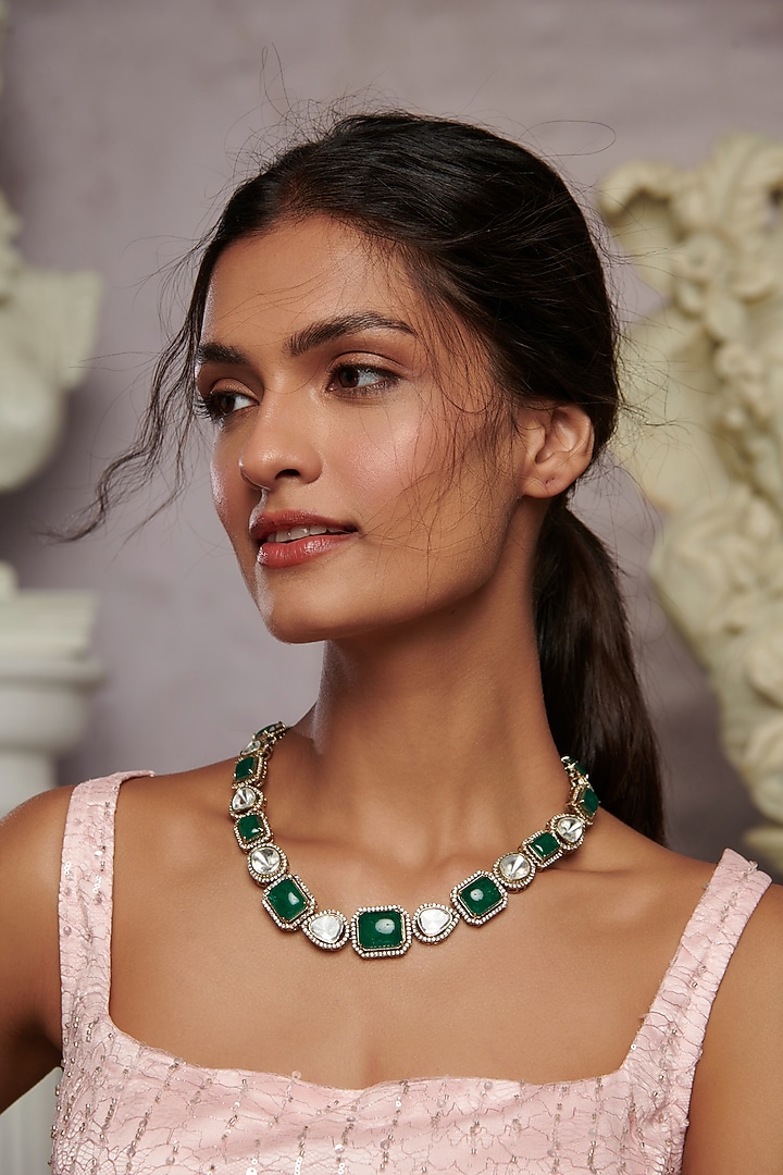 Gold Plated Emerald Green Crystal & Cubic Zirconia Necklace by Paisley Pop at Pernia's Pop Up Shop