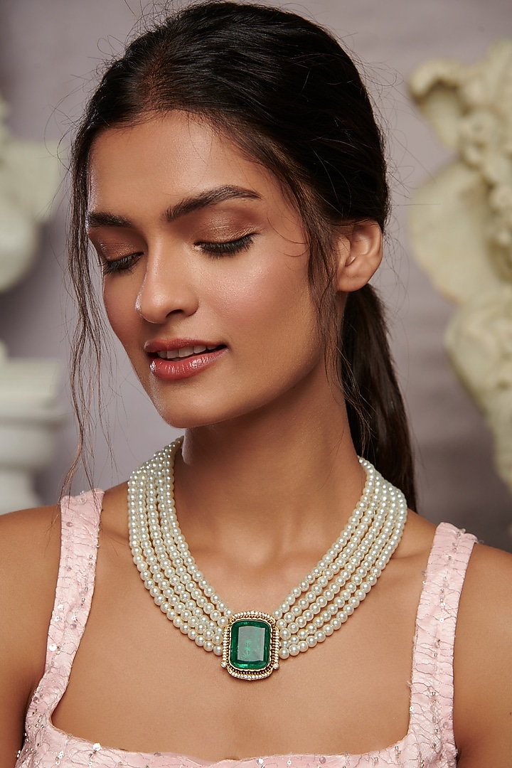 Gold Plated Emerald Crystal & Pearl Necklace by Paisley Pop at Pernia's Pop Up Shop