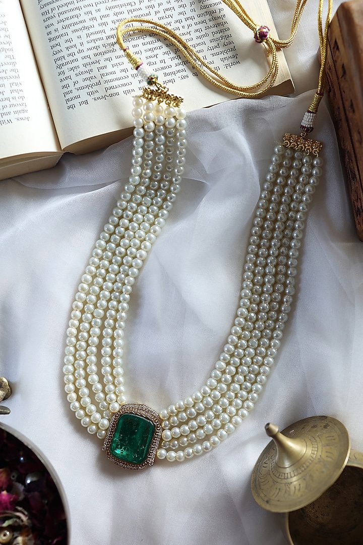 Gold Plated Emerald Crystal & Pearl Necklace by Paisley Pop at Pernia's Pop Up Shop