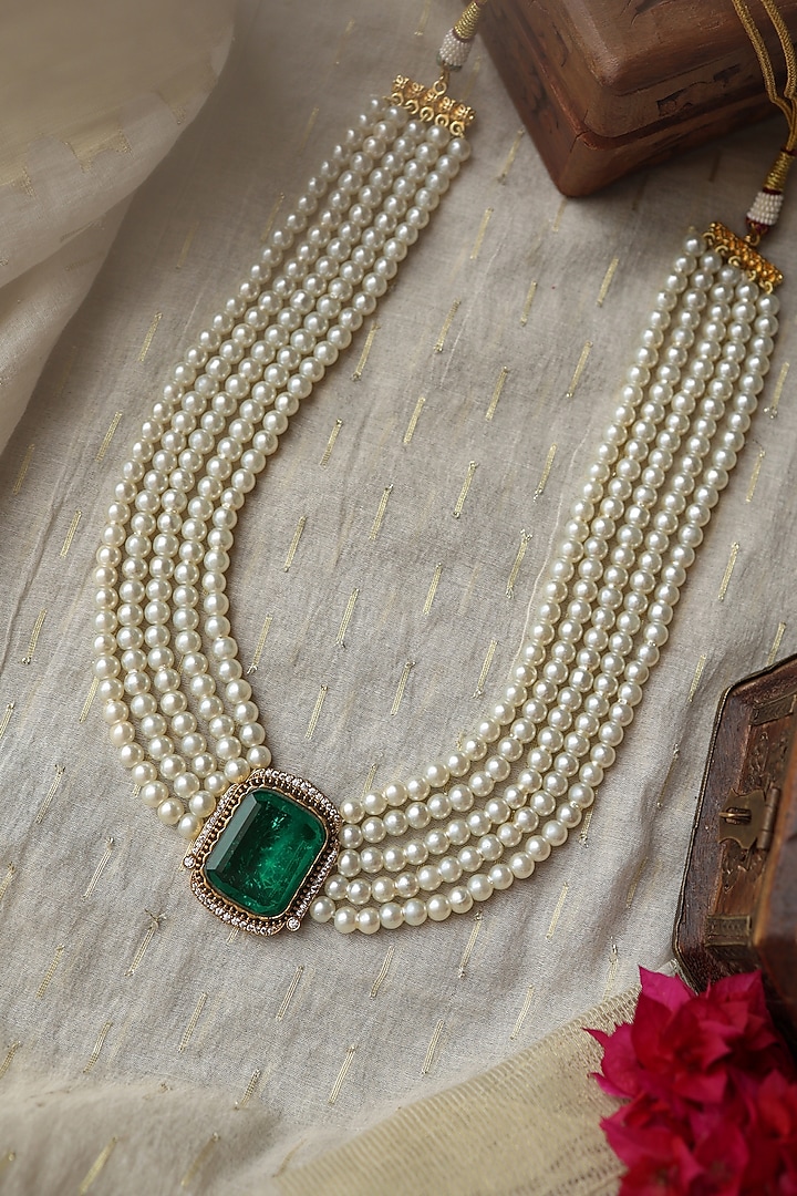 Gold Plated Emerald Crystal & Pearl Necklace by Paisley Pop at Pernia's Pop Up Shop