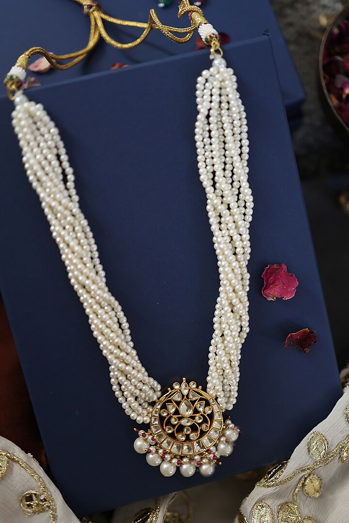 Gold Plated Kundan Polki & Pearl Necklace by Paisley Pop at Pernia's Pop Up Shop