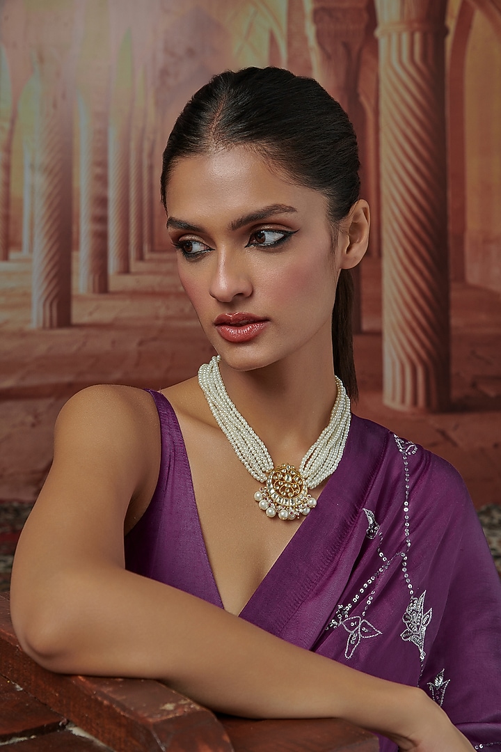 Gold Plated Kundan Polki & Pearl Necklace by Paisley Pop at Pernia's Pop Up Shop