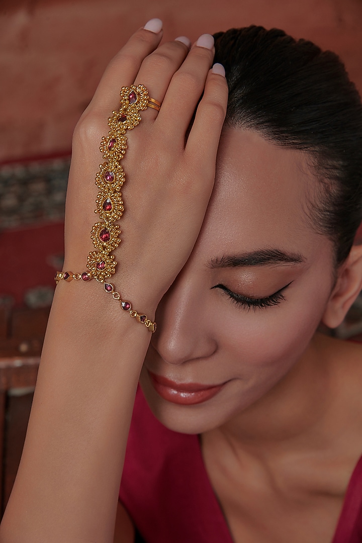 Gold Plated Red Kundan Polki & Ghungroo Hathphool by Paisley Pop at Pernia's Pop Up Shop