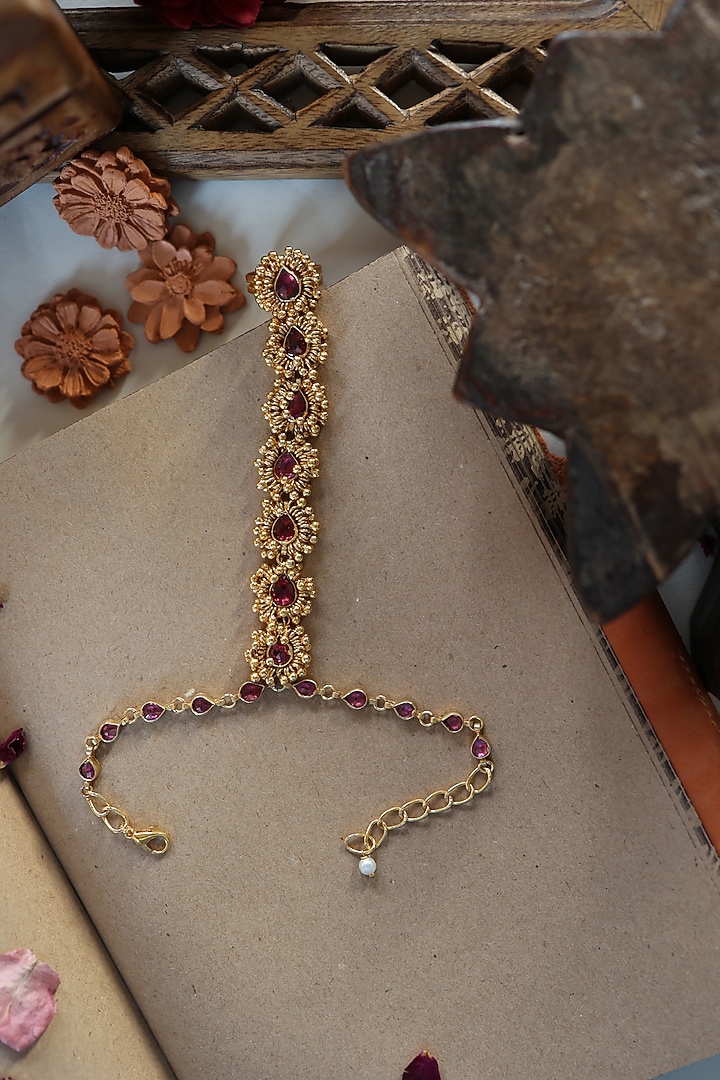 Gold Plated Red Kundan Polki & Ghungroo Hathphool by Paisley Pop at Pernia's Pop Up Shop