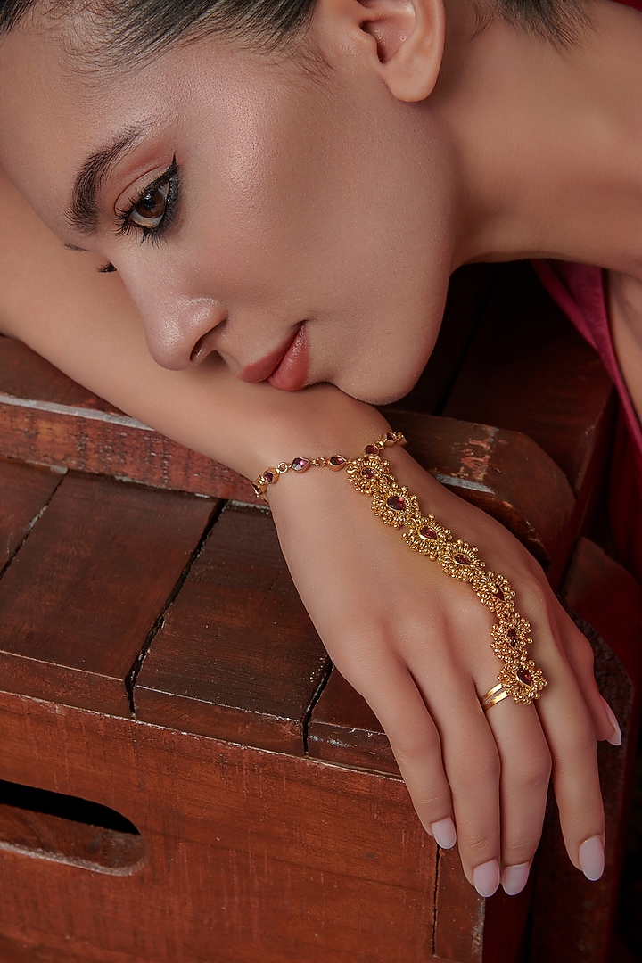 Gold Plated Red Kundan Polki & Ghungroo Hathphool by Paisley Pop at Pernia's Pop Up Shop