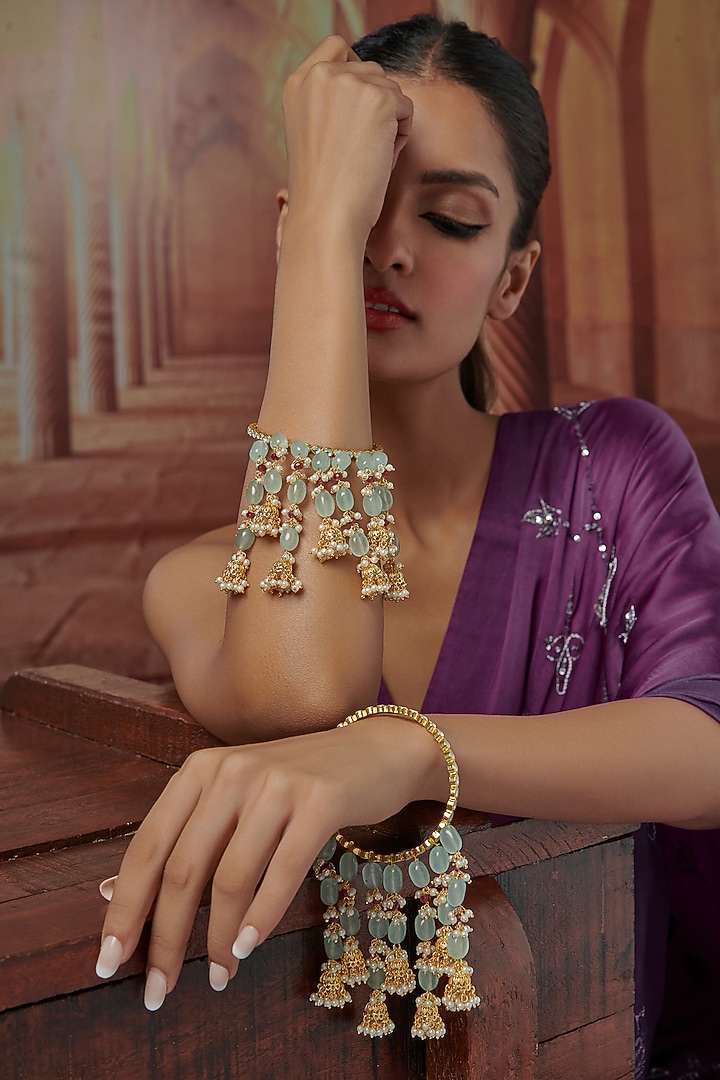 Gold Plated Kundan Polki & Mint Natural Stone Bangles (Set Of 2) by Paisley Pop at Pernia's Pop Up Shop