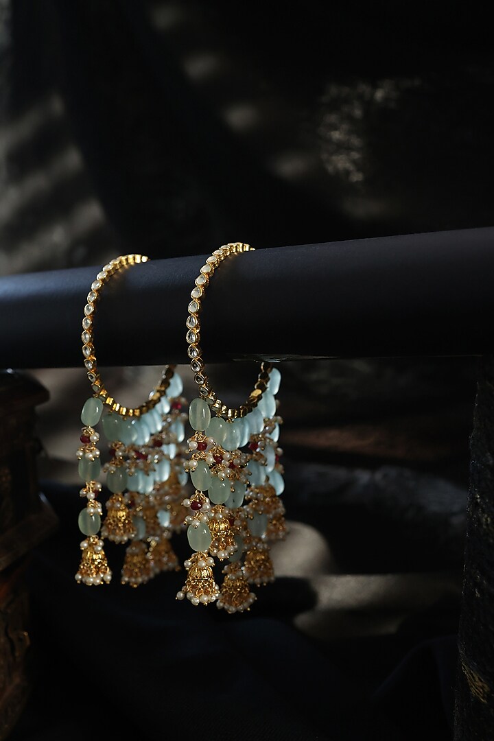 Gold Plated Kundan Polki & Mint Natural Stone Bangles (Set Of 2) by Paisley Pop at Pernia's Pop Up Shop