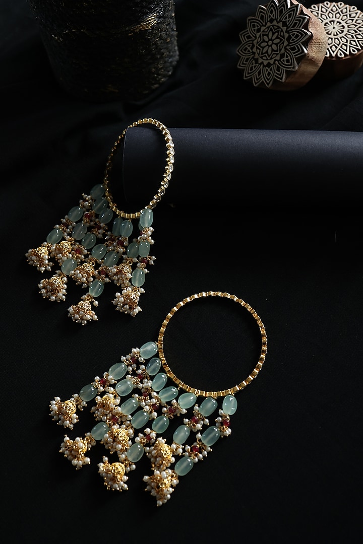 Gold Plated Kundan Polki & Mint Natural Stone Bangles (Set Of 2) by Paisley Pop at Pernia's Pop Up Shop