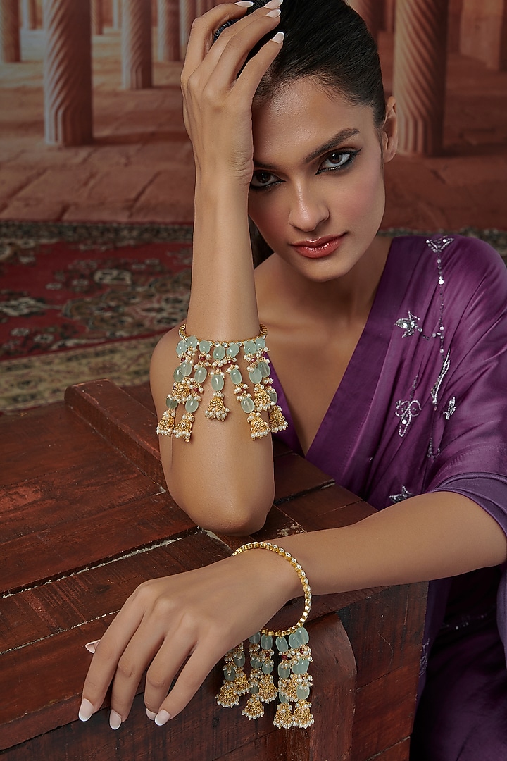 Gold Plated Kundan Polki & Mint Natural Stone Bangles (Set Of 2) by Paisley Pop at Pernia's Pop Up Shop