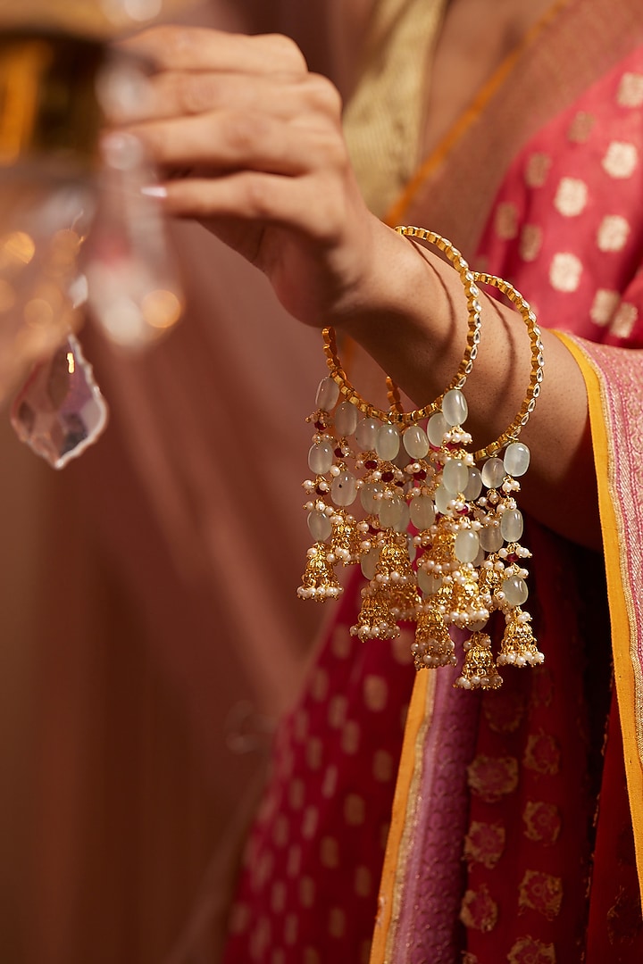 Gold Plated Kundan Polki & Mint Natural Stone Bangles (Set Of 2) by Paisley Pop at Pernia's Pop Up Shop