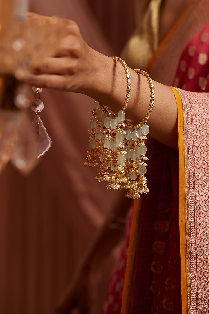 Gold Plated Kundan Polki & Mint Natural Stone Bangles (Set Of 2) by Paisley Pop at Pernia's Pop Up Shop