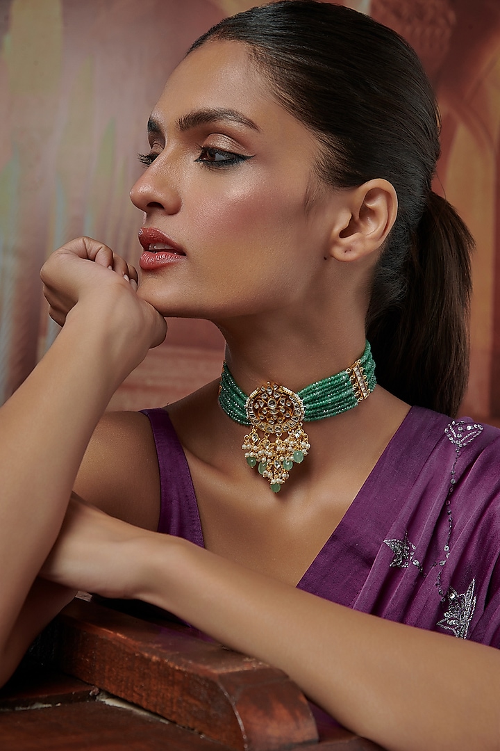 Gold Plated Green Kundan Polki & Pearl Choker Necklace by Paisley Pop at Pernia's Pop Up Shop