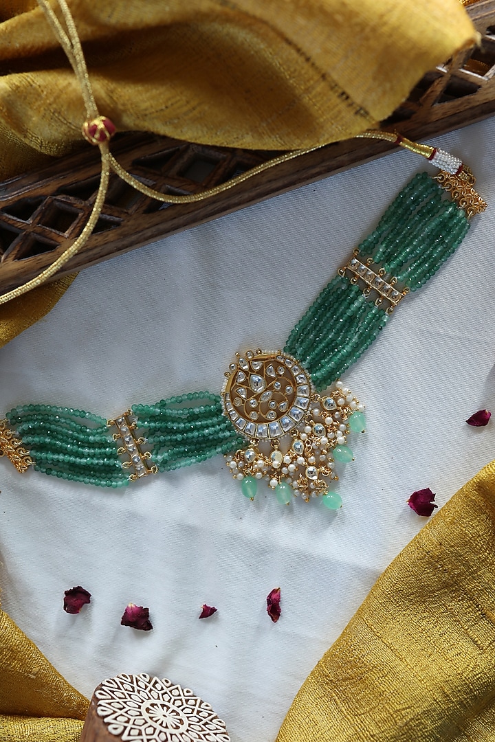 Gold Plated Green Kundan Polki & Pearl Choker Necklace by Paisley Pop at Pernia's Pop Up Shop